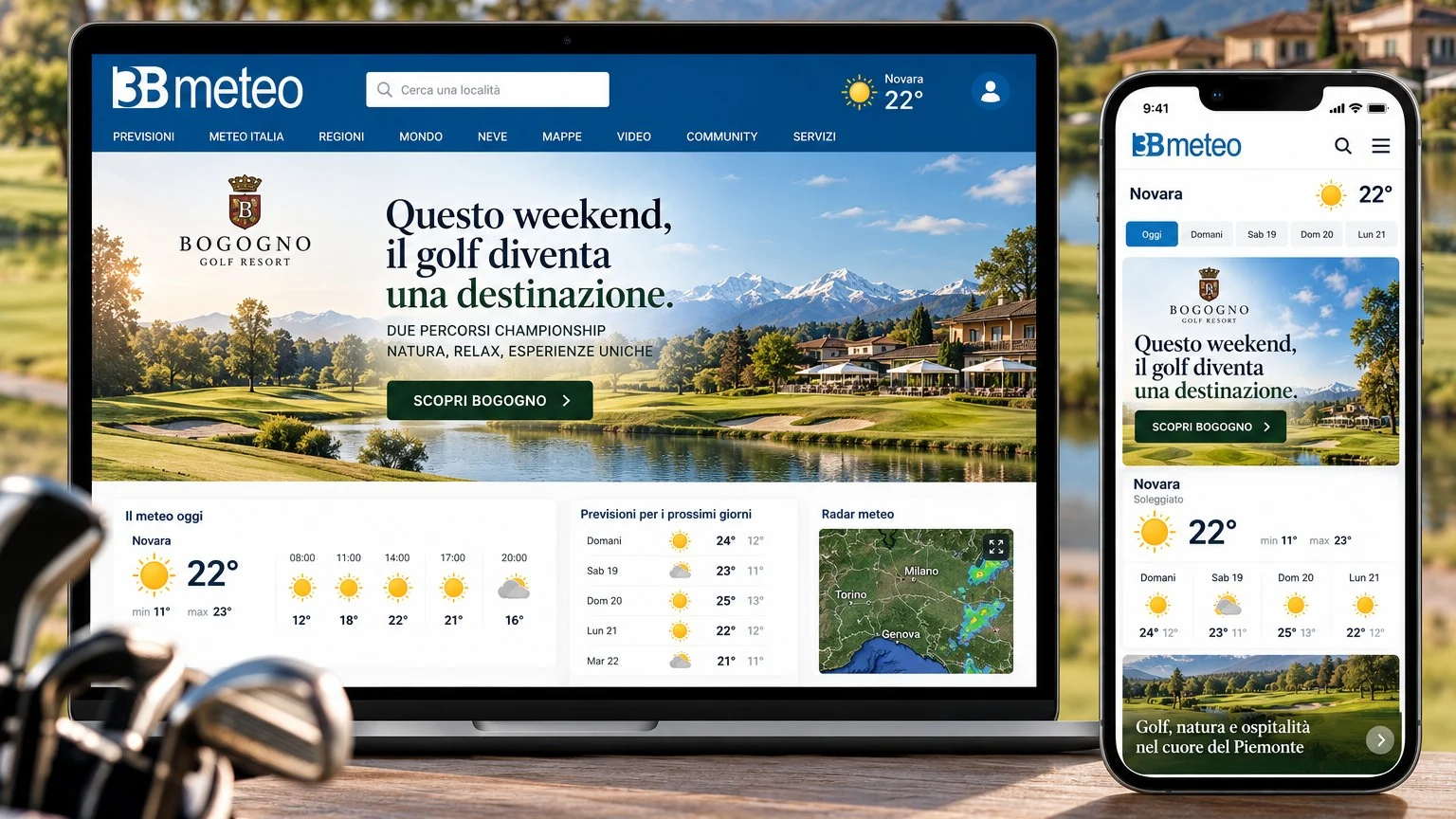 Mockup Golf × 3Bmeteo per Bogogno, esempio di comunicazione di una destinazione