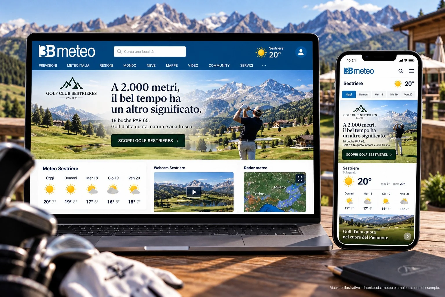 Mockup Golf × 3Bmeteo per Sestriere, esempio di esperienza in montagna